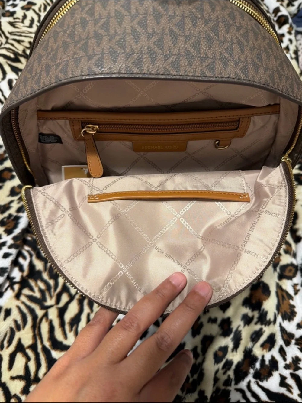 Michael Kors Brown Monogram Backpack with Tan Trim and Gold Hardware